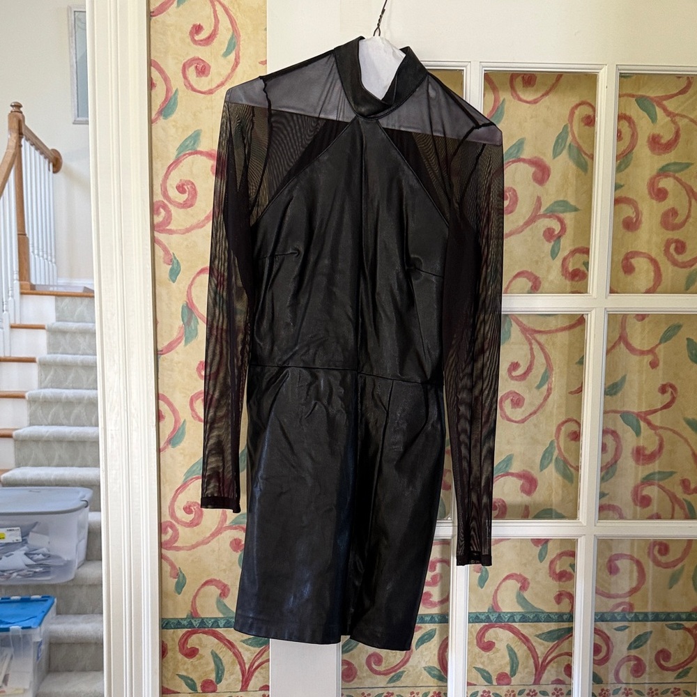 Amanda Uprichard Black Sheer sleeves leather mini dress